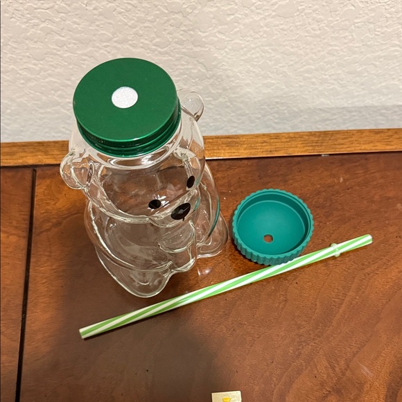 Bear Shaped Clear Glass Jar with Green Lid Straw New - Picture 6 of 7